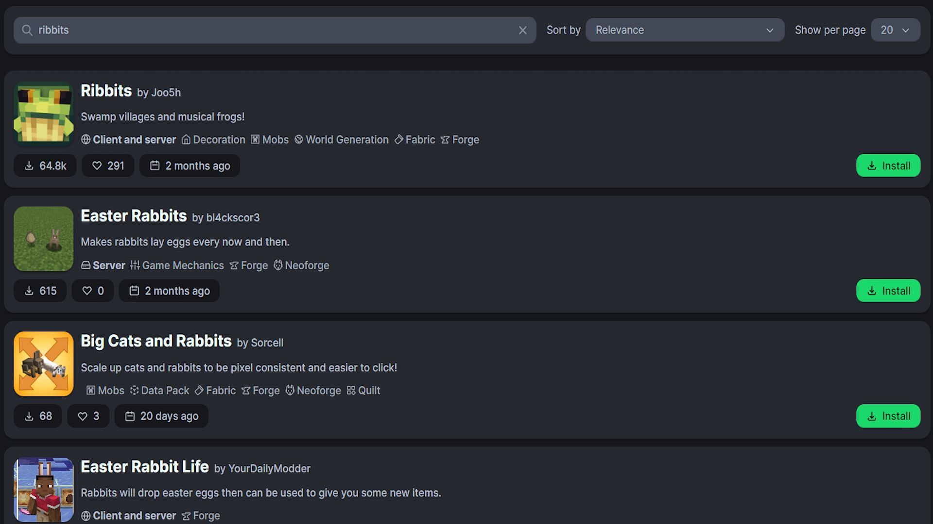 The search results for "ribbits" in Modrinth (Image via Modrinth)